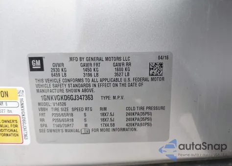 2016 Chevrolet Traverse 1Lt from USA, damaged, VIN 1GNKVGKD6GJ347363